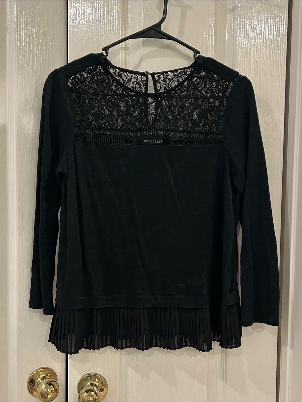 Rebecca Taylor Black Lace-Panel Long Sleeve Top with Pleated Hem Small S Classic